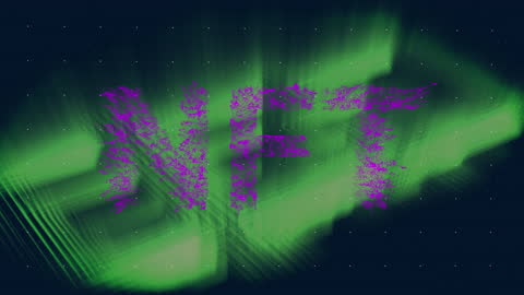 Abstract NFT Text with Green Light Trails on Blue Background