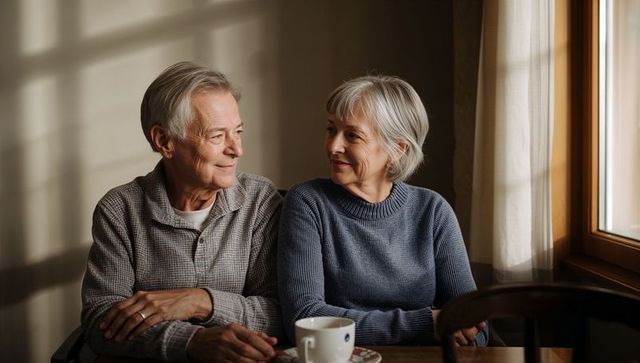 Senior couple sharing cozy morning by window, smiling and holding mug, gentle warm companionship