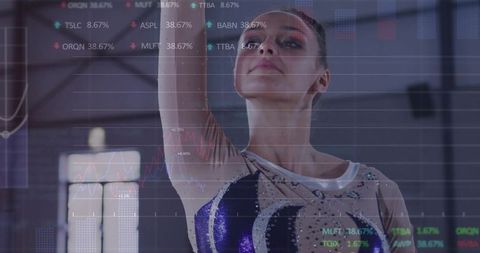 Female gymnast raising arm in sequined leotard with data overlay, futuristic double exposure