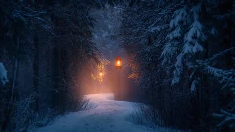 Lanterns Guiding Narrow Snow Trail Through Conifer Forest at Dusk with Misty Warm Glow
