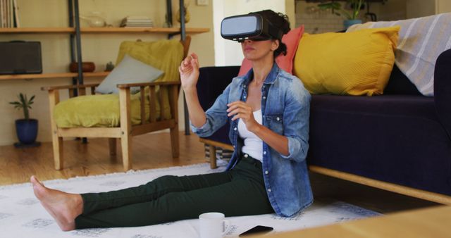 Woman Using Virtual Reality Headset in Cozy Living Room - Download Free Stock Images Pikwizard.com