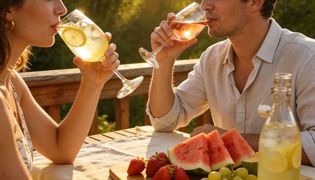 Sunlit summer couple sipping rosé on deck with watermelon and fresh fruit