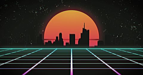 Futuristic Digital City Skyline with Vibrant Sun