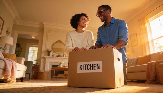 Couple unpacking kitchen box in sunlit cozy living room celebrating new home together