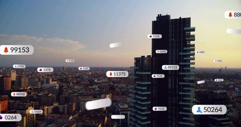Highrise tower overlooking city at sunset with floating social media notifications and skyline