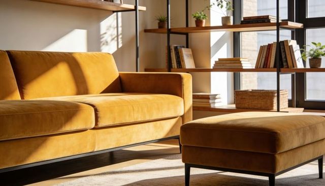 Mustard velvet midcentury sofa and ottoman basking in sunlit minimalist living room