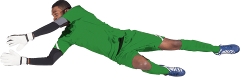 African American Goalkeeper Diving to Block in Green Kit Transparent