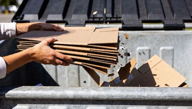 Hands Dropping Flattened Cardboard into Metal Dumpster, Sunlit Urban Recycling and Waste Management