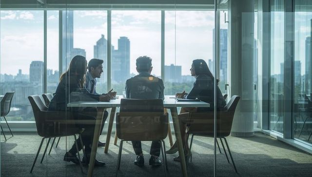 Executives holding meeting in glass boardroom with city skyline view