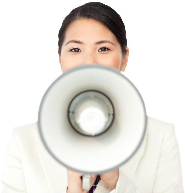 Front View of Transparent Businesswoman Shouting Into Megaphone - Download Free Stock Videos Pikwizard.com