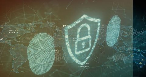 Global cybersecurity concept with digital shield and fingerprints
