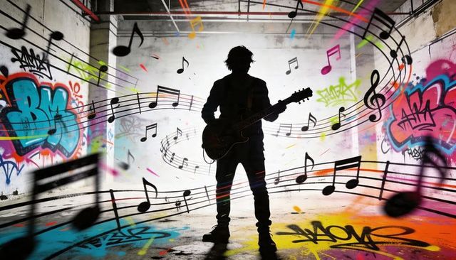 Silhouetted guitarist playing electric guitar in graffiti-filled urban space with musical notes
