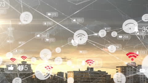 Cityscape with Social Media Icon Overlays Representing Global Connectivity