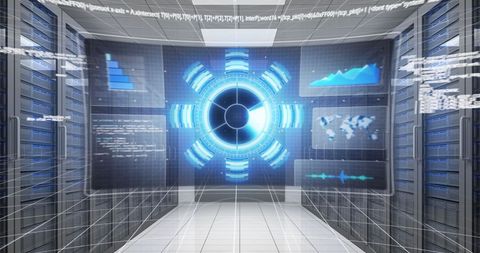 Futuristic Digital Interface Displayed Over Server Room - Download Free Stock Images Pikwizard.com