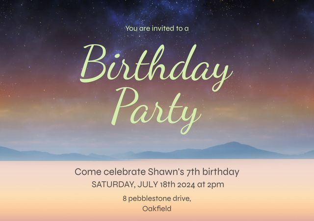 This birthday party invitation template features a serene twilight sky background with soft gradient colors. Perfect for celebrating a child's 7th birthday, this invitation sets a peaceful and magical tone for the event. Suitable for printing and sending digitally, it offers an aesthetically pleasing way to announce and invite guests to a special birthday celebration.