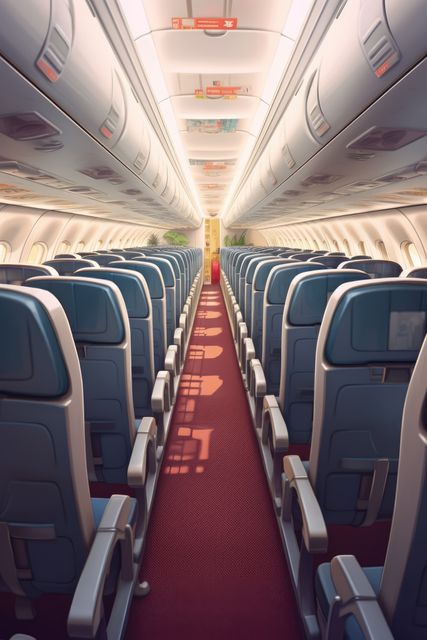 Empty airplane cabin with rows of seats bathed in morning light. Ideal for travel agency advertisements, airlines promotional material, transportation-themed blogs, tourism articles, and commercial flight booking websites.