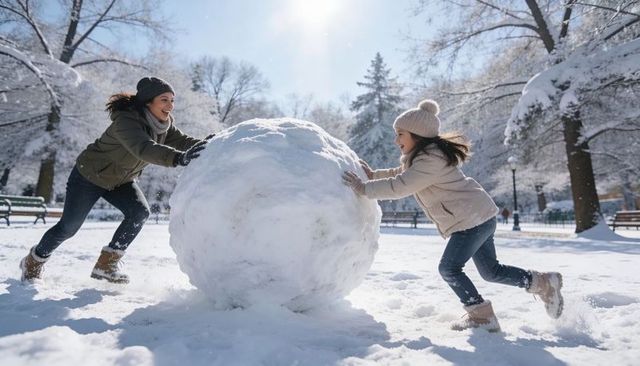 Mother and daughter rolling giant snowball in snowy park during sunny winter day
