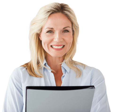 Smiling professional businesswoman holding file on transparent background