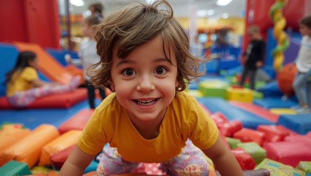 Joyful preschooler smiling and crawling on colorful foam blocks in indoor soft-play center