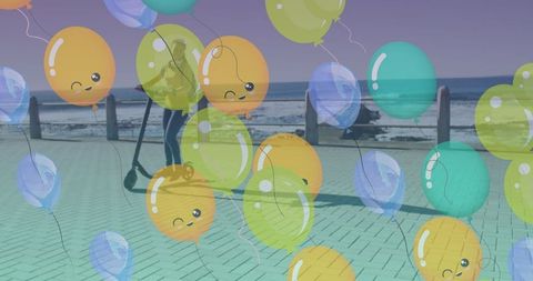 Joyful Adventure Overlay with Balloons and Scooter Ride - Download Free Stock Images Pikwizard.com