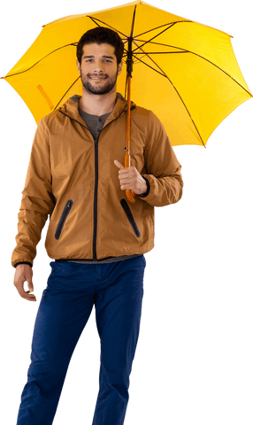 Smiling Man with Yellow Umbrella on Transparent Background