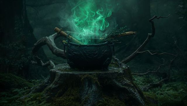 Emerald Cauldron Emitting Mystic Vapor on Mossy Stump in Foggy Ancient Forest Clearing