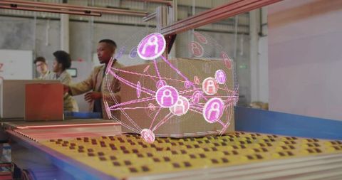 Ar scanning on warehouse conveyor belt showing networked parcel data overlay for automation
