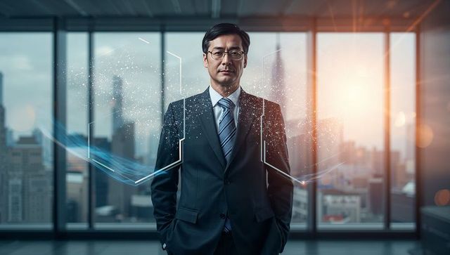 Asian Executive Standing in Modern Office Projecting Futuristic Holographic Data Interface