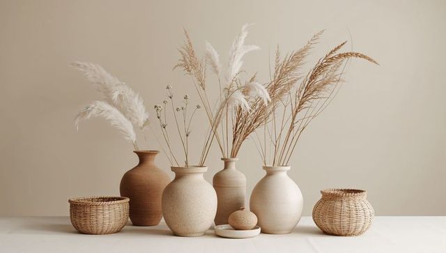 Minimalist neutral still life with ceramic vases and pampas grass for modern home decor