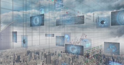 futuristic data processing sky over cityscape - Download Free Stock Images Pikwizard.com