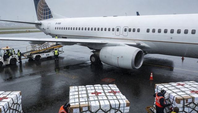 Ground crew loading red cross cargo on wet airport ramp during heavy rain