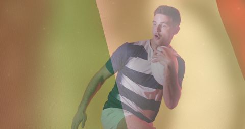 Caucasian Rugby Player Running with Italy Flag Overlay