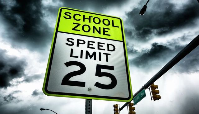 Dramatic low-angle school zone speed limit 25 sign against stormy urban sky with lights
