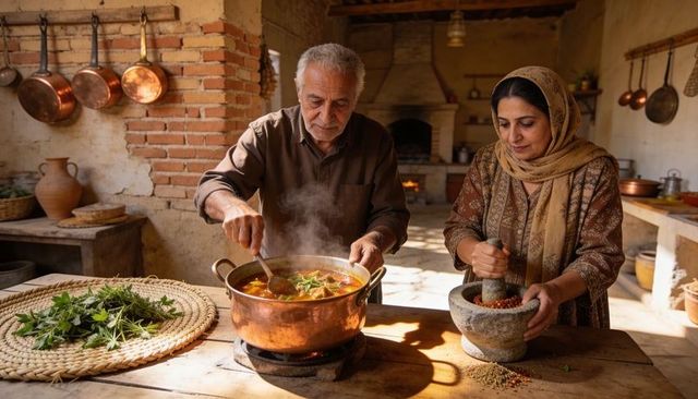 Elderly couple preparing traditional herbal stew in rustic kitchen with copper pot, mortar