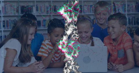 Children collaborating around laptop in library with vertical digital glitch overlay