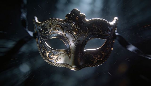 Ornate venetian masquerade mask floating in hazy light with gold filigree and gemstone