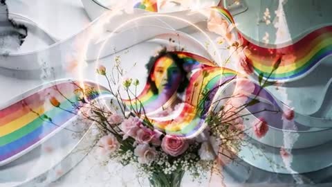Surreal Portrait with Rainbow Ribbons and Floral Elegance