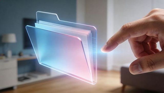 Hand tapping holographic file folder floating in modern living room interface
