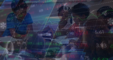 Diverse Students with Digital Financial Data Overlay in Classroom