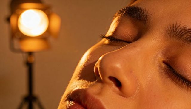 Closeup beauty portrait with warm amber spotlight, long lashes and soft rim light