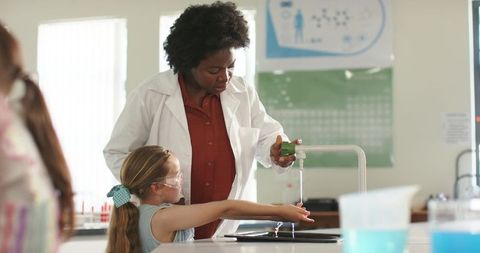 Black teacher demonstrating lab safety while washing student hands in elementary science