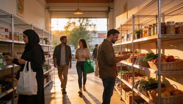 Sunset grocery aisle: diverse shoppers choosing fresh fruits, vegetables on metal shelves