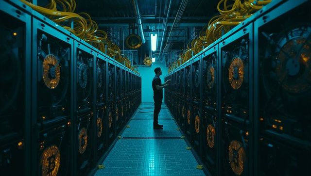 Technician monitoring bitcoin crypto mining rigs with tablet