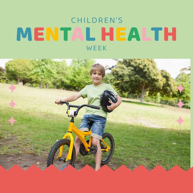 Promoting Children's Mental Health Week, this visual shows a young boy in an outdoor park holding a helmet and smiling beside a yellow bicycle. Ideal for campaigns focused on child mental health awareness, healthy lifestyle, and recreational activities. Great for posters, flyers, social media posts, and educational materials highlighting the importance of children's mental well-being and engagement in outdoor activities.