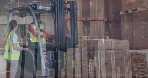 Warehouse Team Collaborating Amidst Data Analytics Visualization