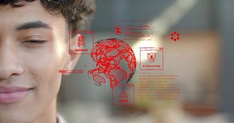 Young man viewing ar cybersecurity holograms with malware virus globe and ui overlays
