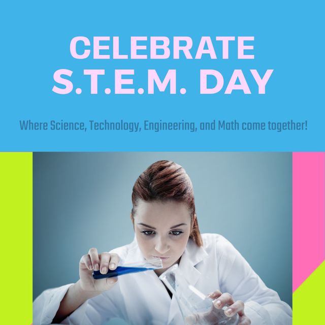 This vibrant and educational-themed graphic celebrates STEM Day, featuring a female scientist in a laboratory setting pouring a chemical into a flask. Perfect to promote STEM educational events, science fairs, and academic programs focused on science, technology, engineering, and mathematics. Ideal for school presentations, educational websites, and informational flyers targeted at encouraging participation in STEM fields.