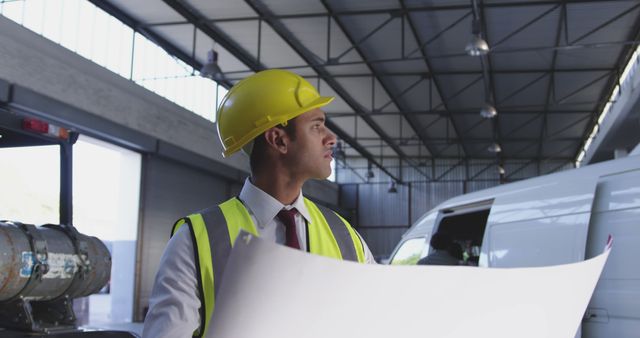 Warehouse Manager with Hard Hat Reviewing Plans - Download Free Stock Images Pikwizard.com