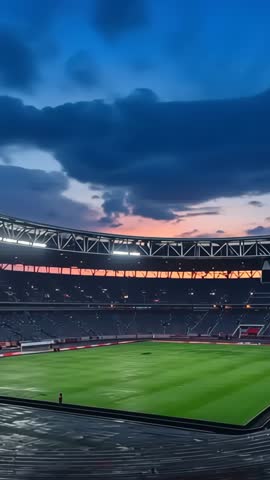 Crew retracting tarp revealing green turf while floodlights switching on over empty stadium at dusk