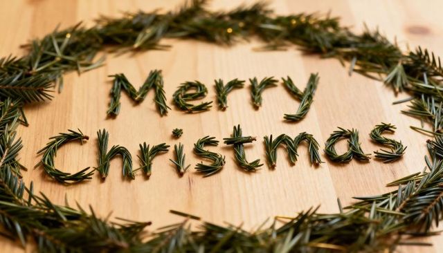 Spelling Merry Christmas with Evergreen Sprigs Framing Rustic Wooden Tabletop